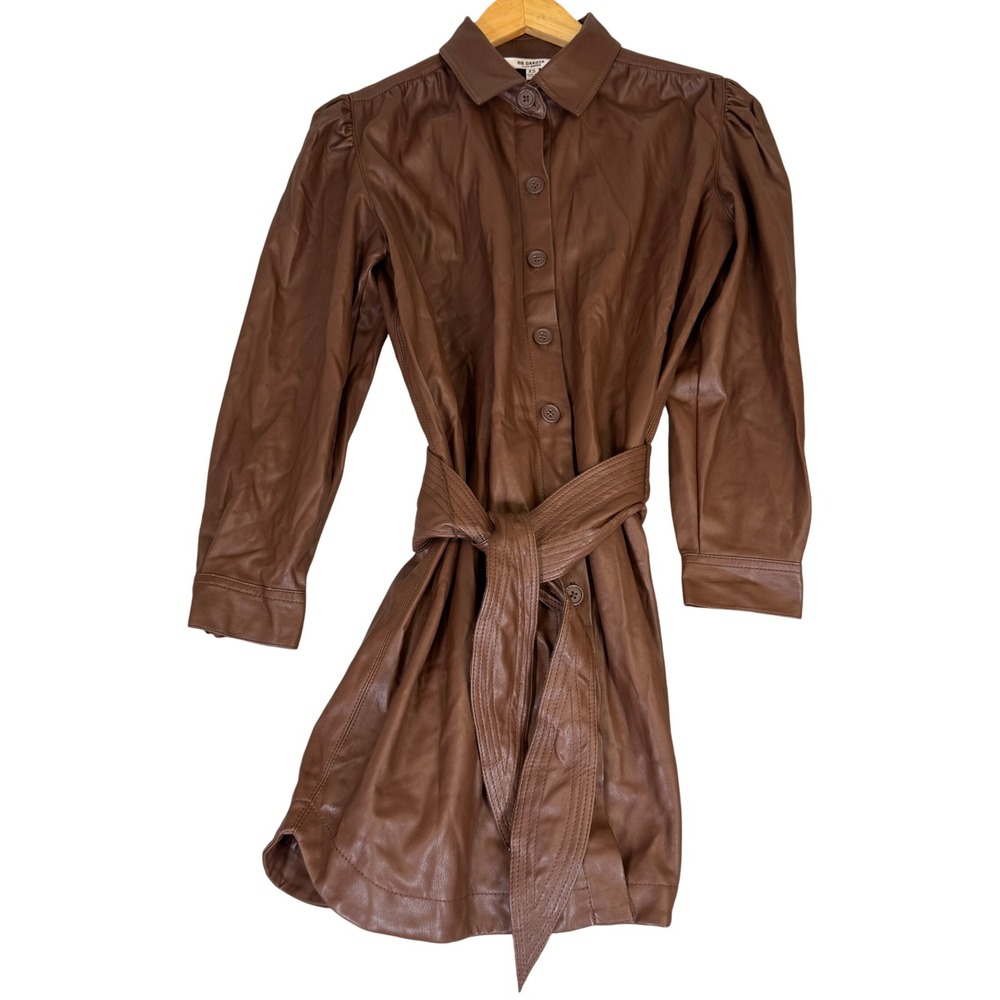 NWT BB Dakota Steve Madden Brown Faux Leather Button Down Mini Shirt Dress XS